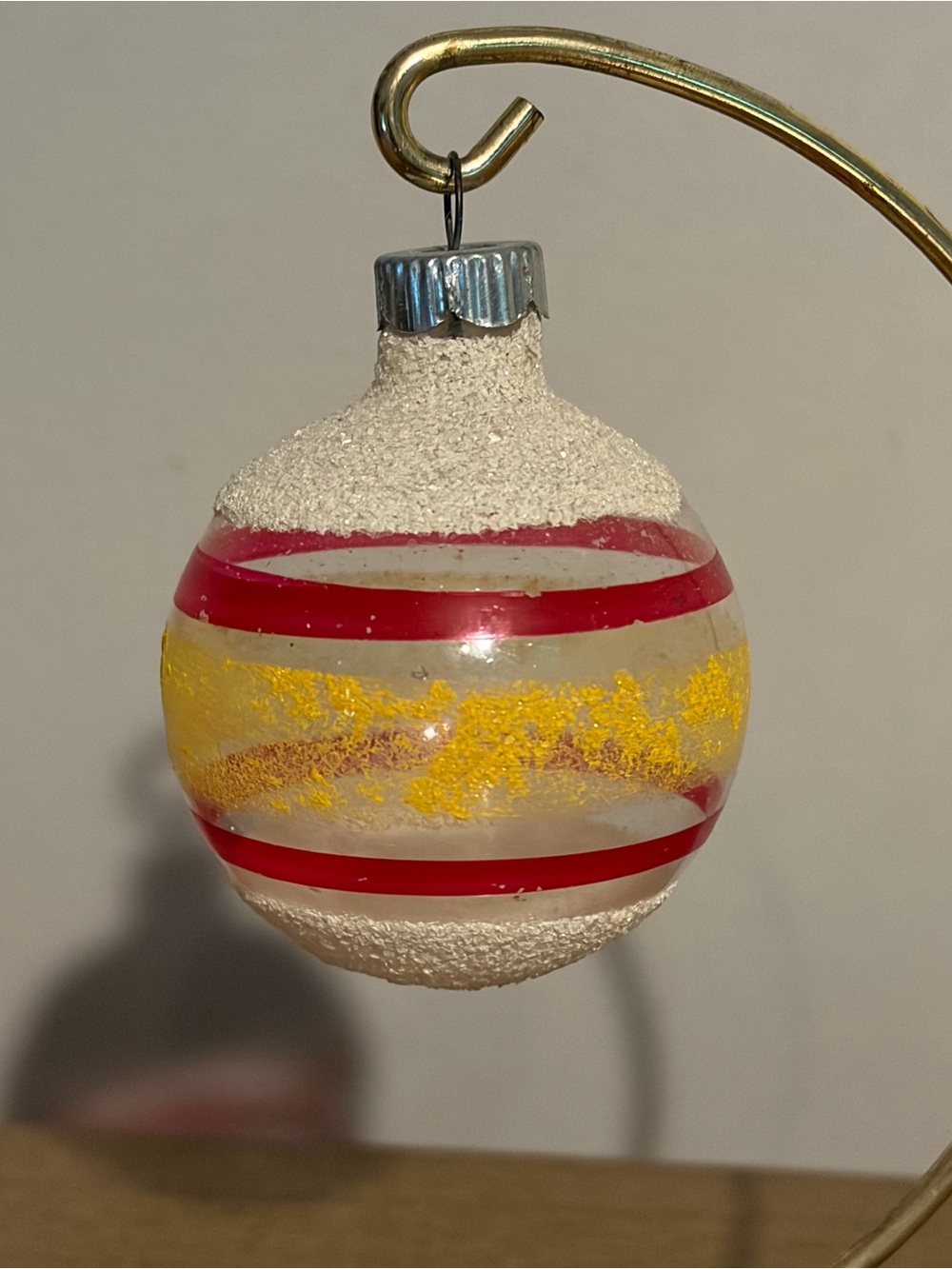 Vtg Unsilvered Shiny Brite Glass Christmas Ornament Ball Mica Striped Red Yellow